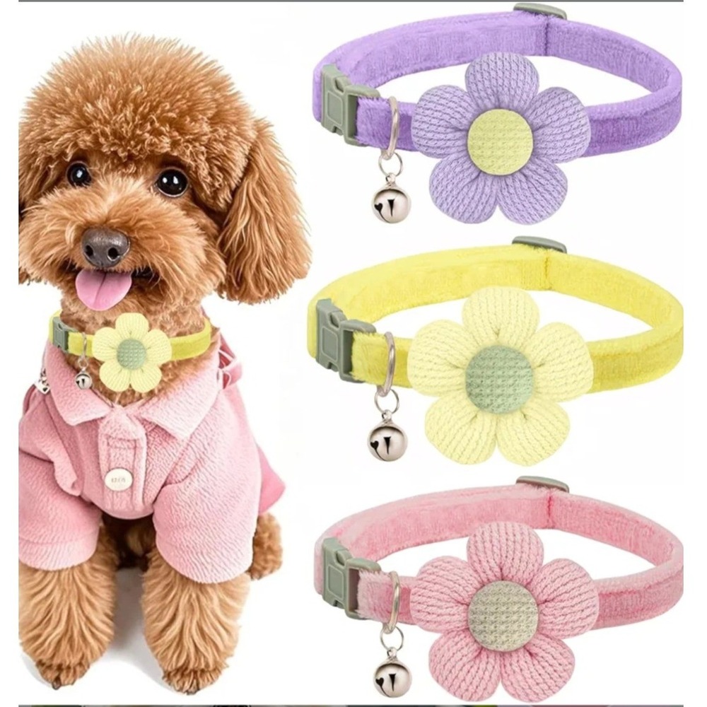 Adjustable Soft Velvet Pet Collar with 3D Knit Flower and Bell for Cats Sm Dogs